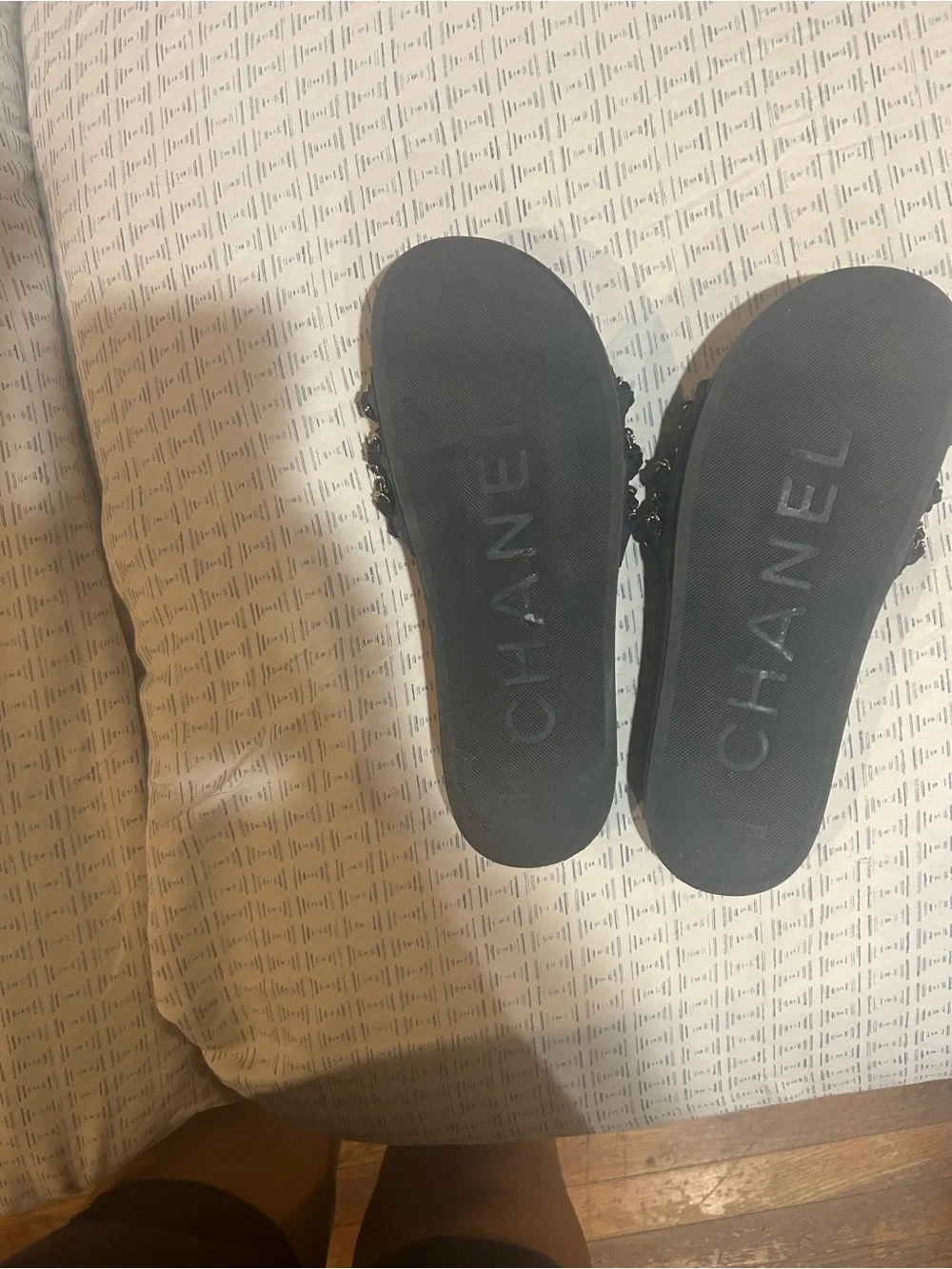 CHANEL Black Slides with Gold Chain Straps